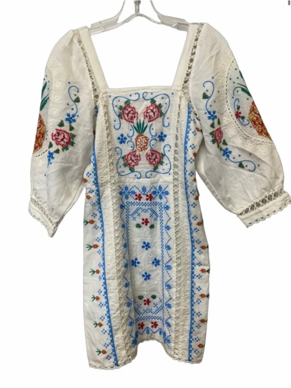 FARM Rio White Embroidered Mini Dress with Blue, Pink, Gold Accents - Picture 2 of 6